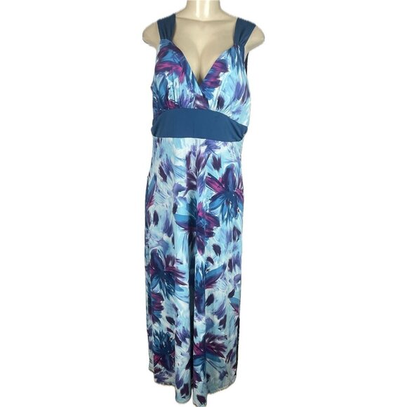 Studio 1940 L Teal Floral Surplice Neck Light Padde Sleeveless Maxi Sun Dress - Picture 2 of 6